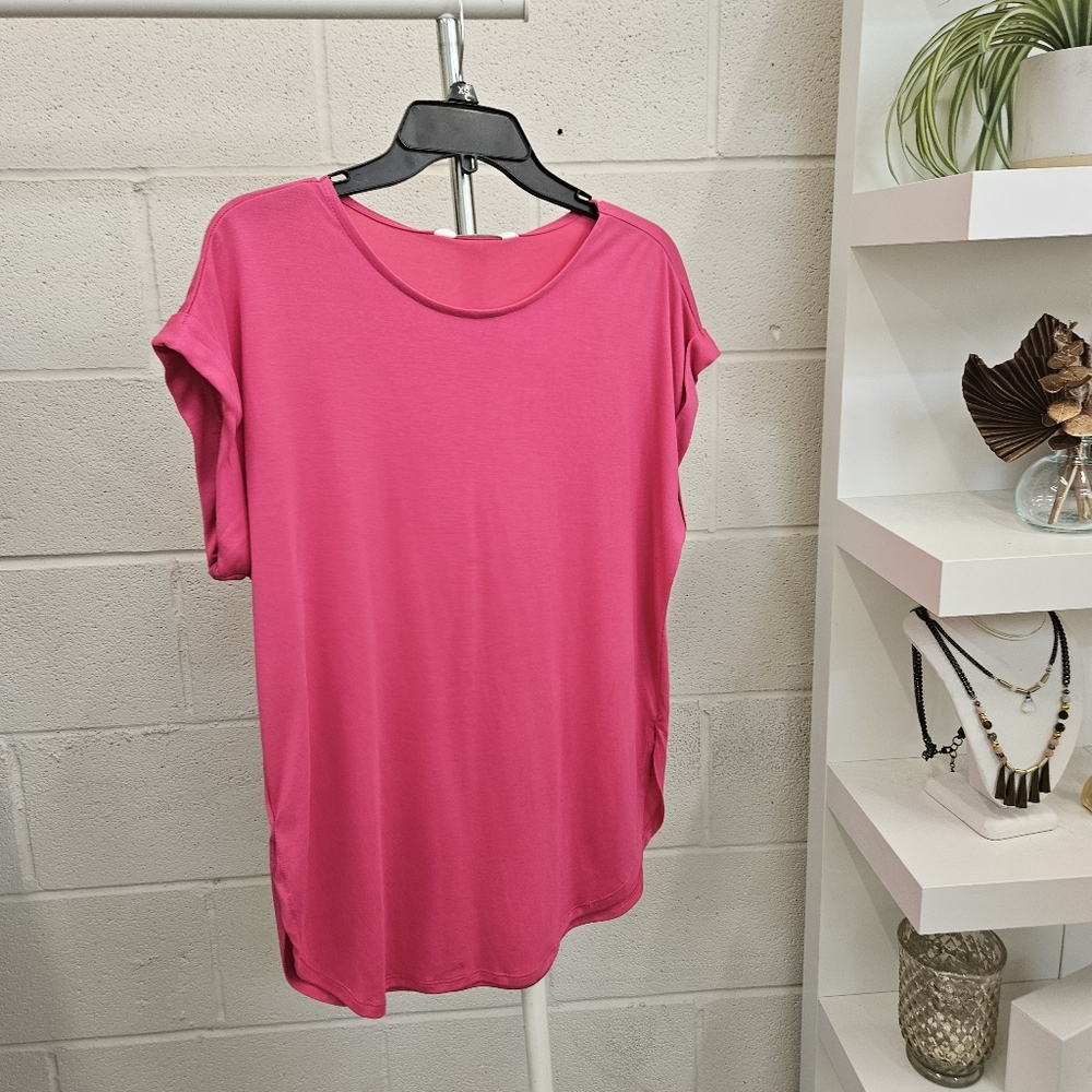 Knit Roll Sleeve Tee In Bright Pink